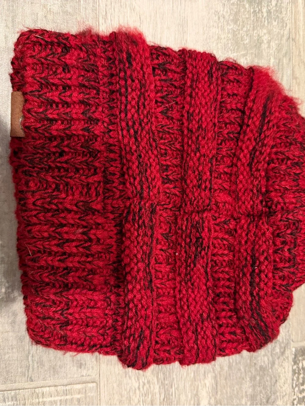 Knit Ponytail Beanie in Two Toned Red/Black
